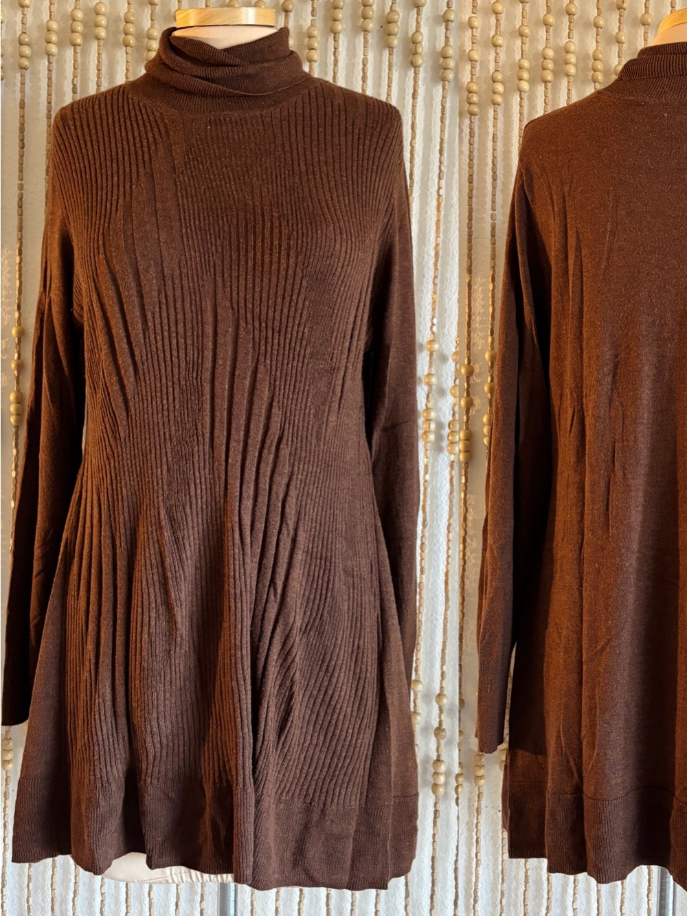 Brown Knit Cozy High Neck Long Sleeve Flowy Hem Ribbed Boho Cottage Cozy Sweater